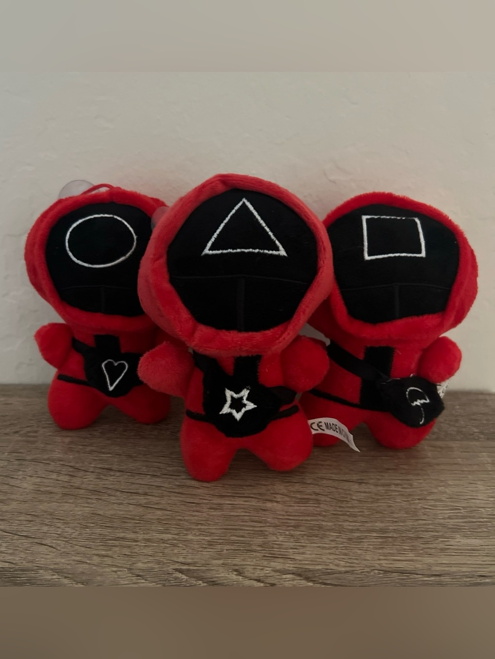3 Squid Game Red Soldiers Circle Triangle & Square Plush Toy w/ suction cups 6”